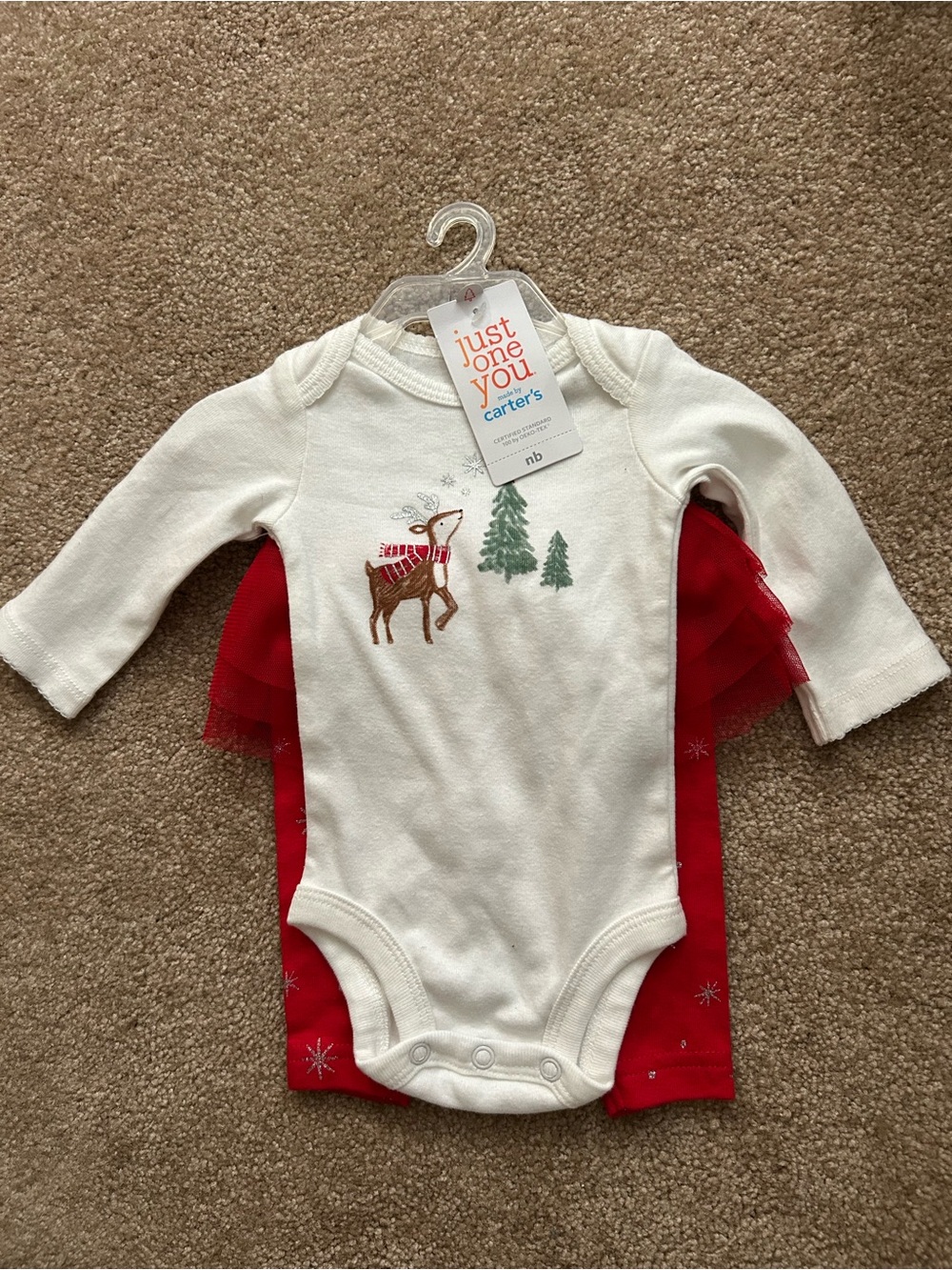 NWT Newborn Carter's White & Red Reindeer Onesie W/Matching Tulle Pants